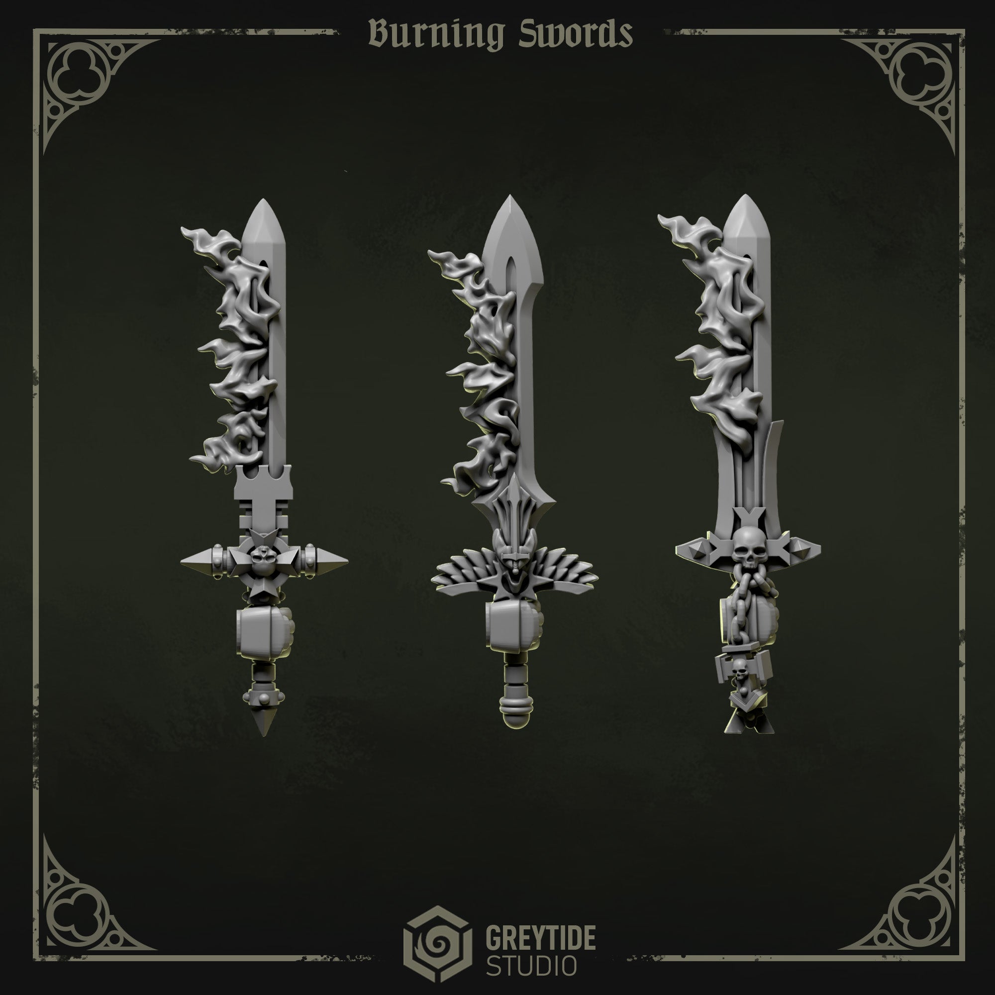 Eternal Pilgrims Burning Swords (3 Pieces) – 3D printed weapons for 40k miniatures, New Zealand