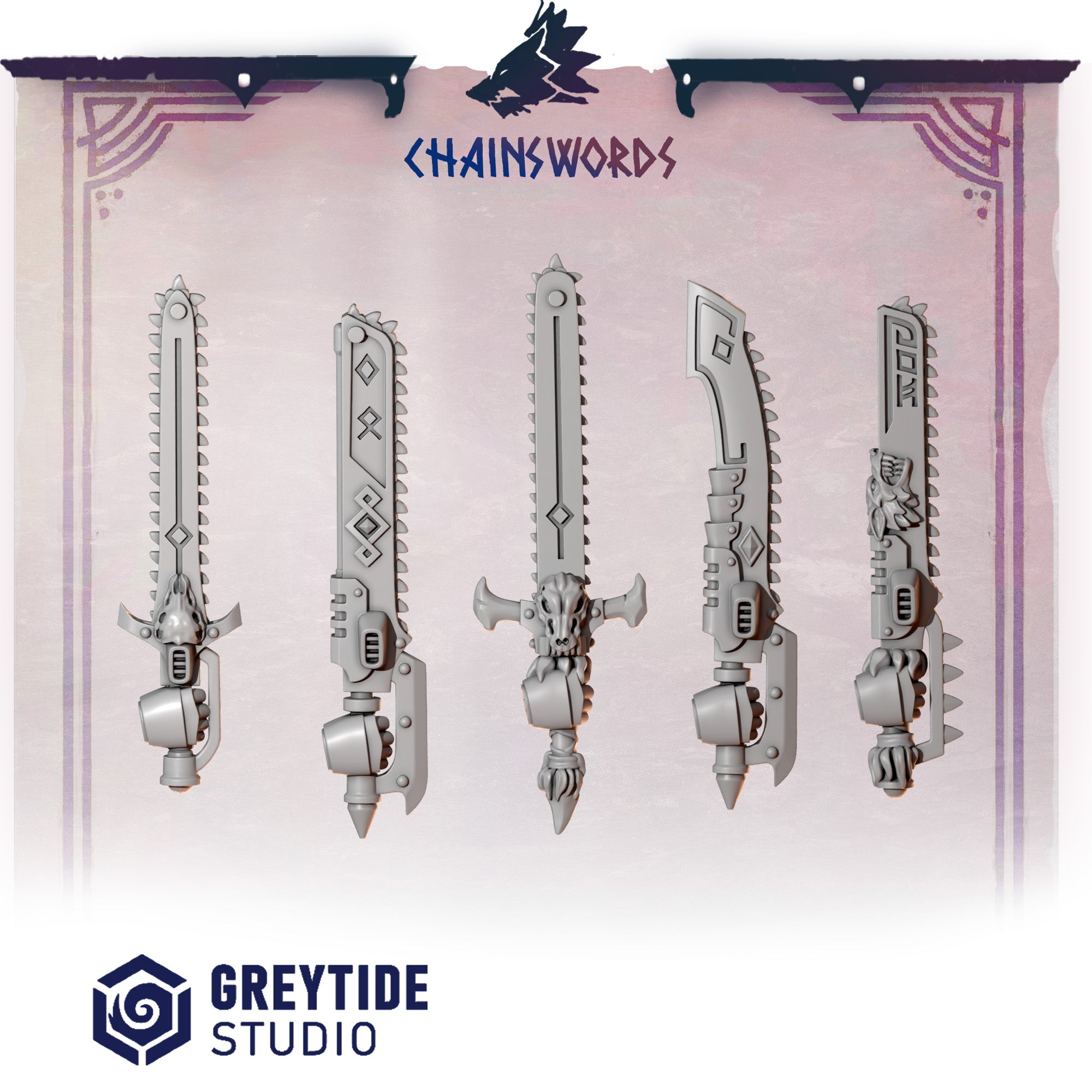 Primal Hounds Chainswords (5 Pieces) – 3D printed weapons for 40k miniatures, New Zealand