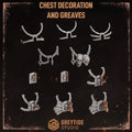 A product display sheet for Greytide Studio chest decoration and greaves, showing multiple unpainted metallic miniature parts on a dark textured background with the brand logo at the bottom.