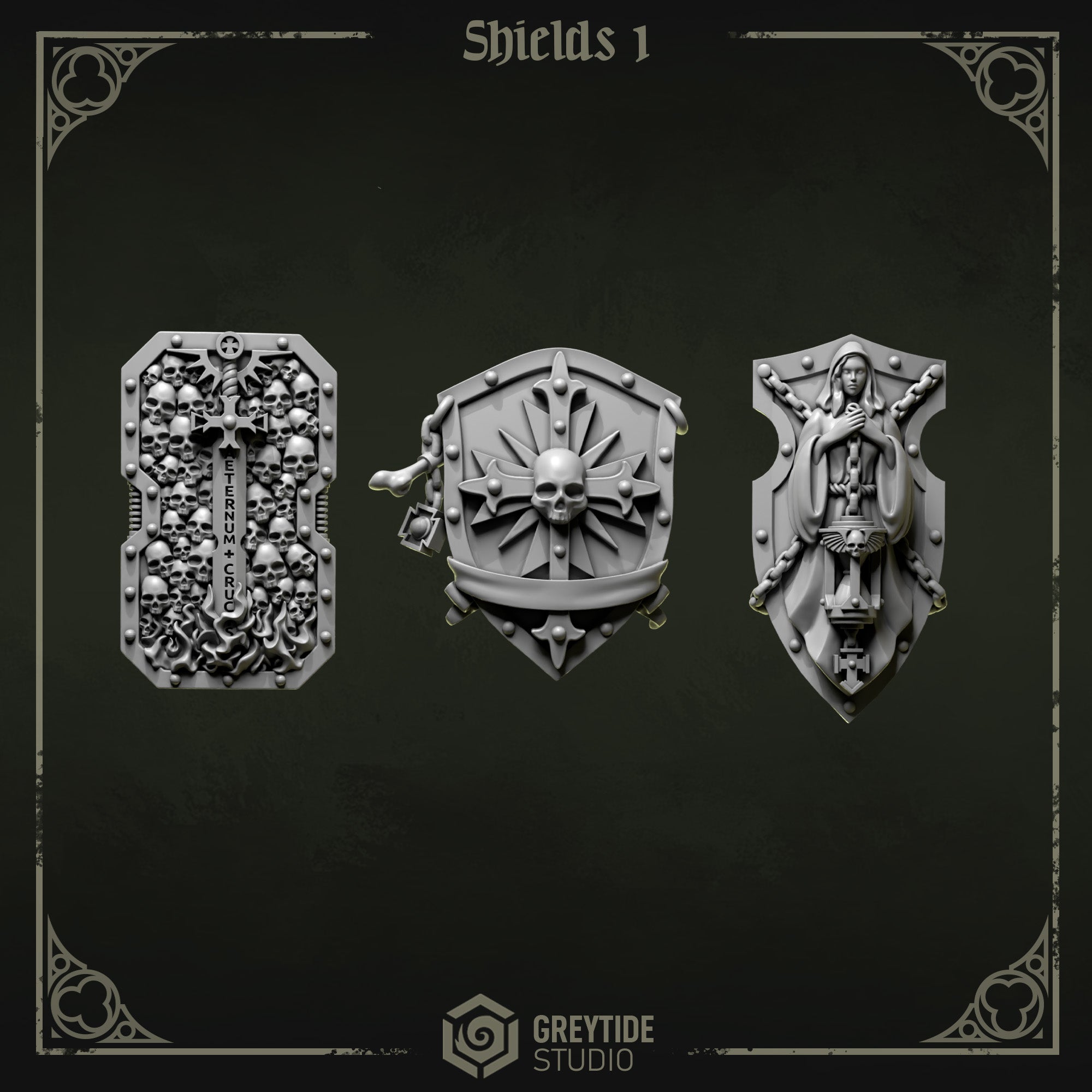 Eternal Pilgrims Shields - Set 1 (3 Pieces) – 3D printed bits for 40k miniatures, New Zealand