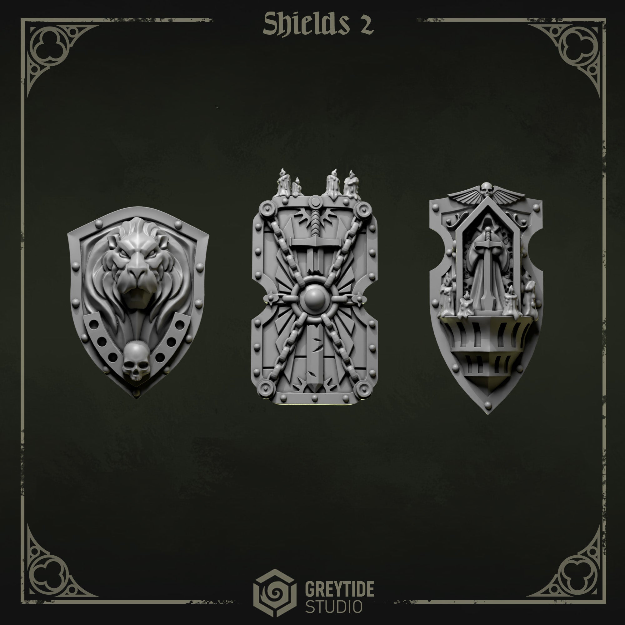Eternal Pilgrims Shields - Set 2 (3 Pieces) – 3D printed bits for 40k miniatures, New Zealand
