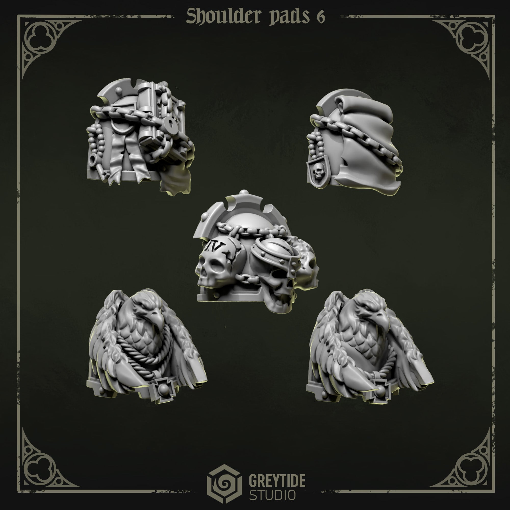 Eternal Pilgrims Shoulder Pads - Set 6 (5 Pieces) – 3D printed shoulder pads for 40k miniatures, New Zealand