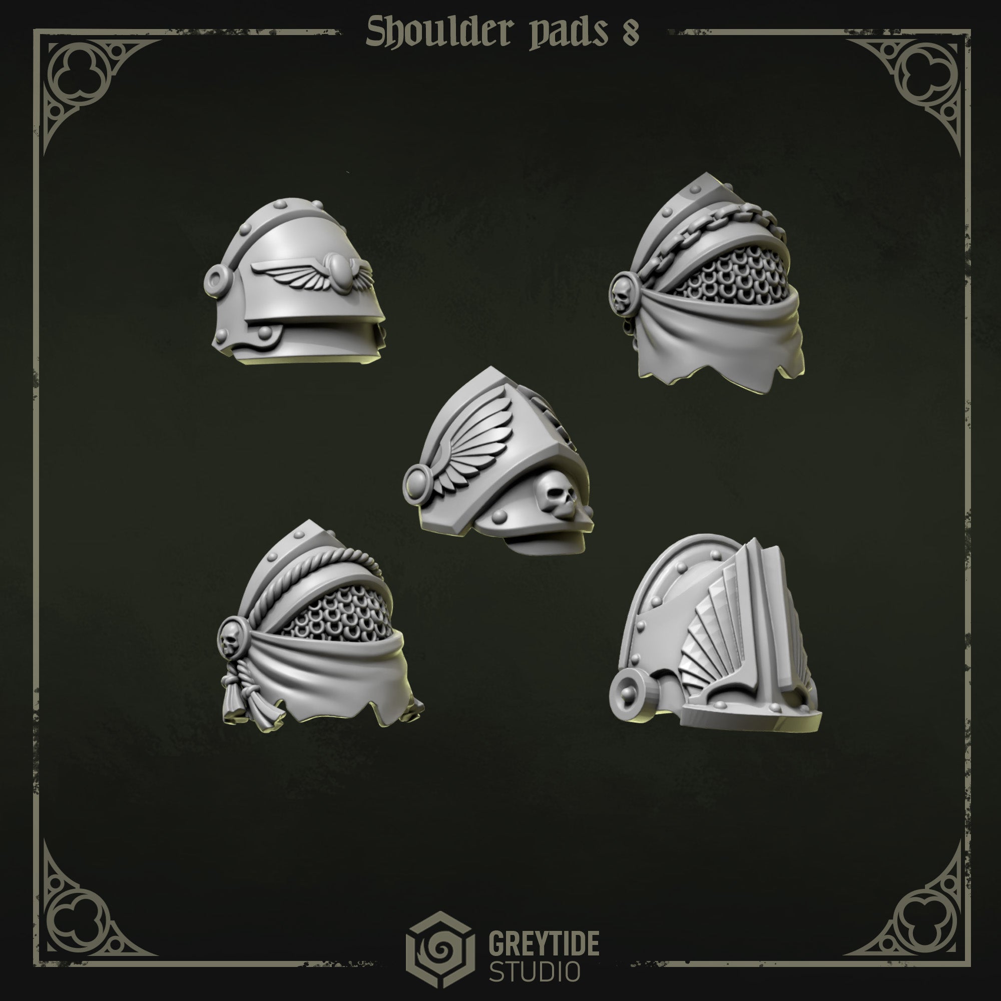 Eternal Pilgrims Shoulder Pads - Set 7 (5 Pieces) – 3D printed shoulder pads for 40k miniatures, New Zealand